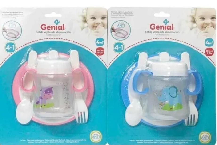 JUEGO DE PLATO ANTI DERRAME VASO 180ML CON ASA Y CUBIERTOS G:0D