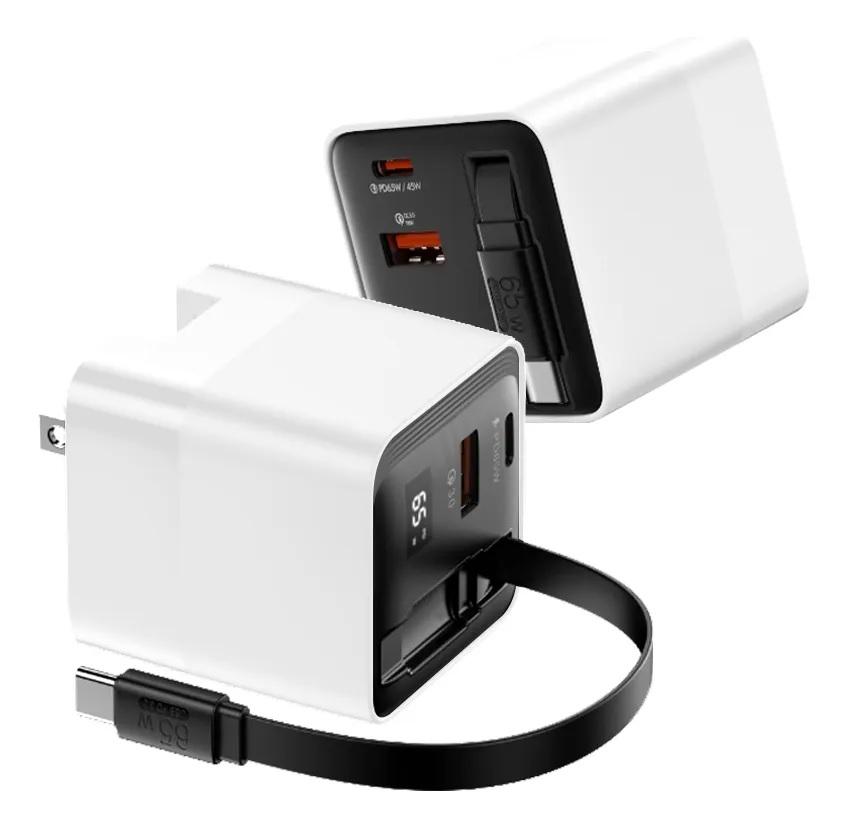 CARGADOR CON PANTALLA Y CABLE RETRACTIL GAN 65W G 3D