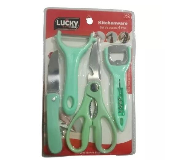 UTENSILIOS COCINA 4 PIEZAS DESTAPADOR TIJETA CUCHILLO PELADOR G0D